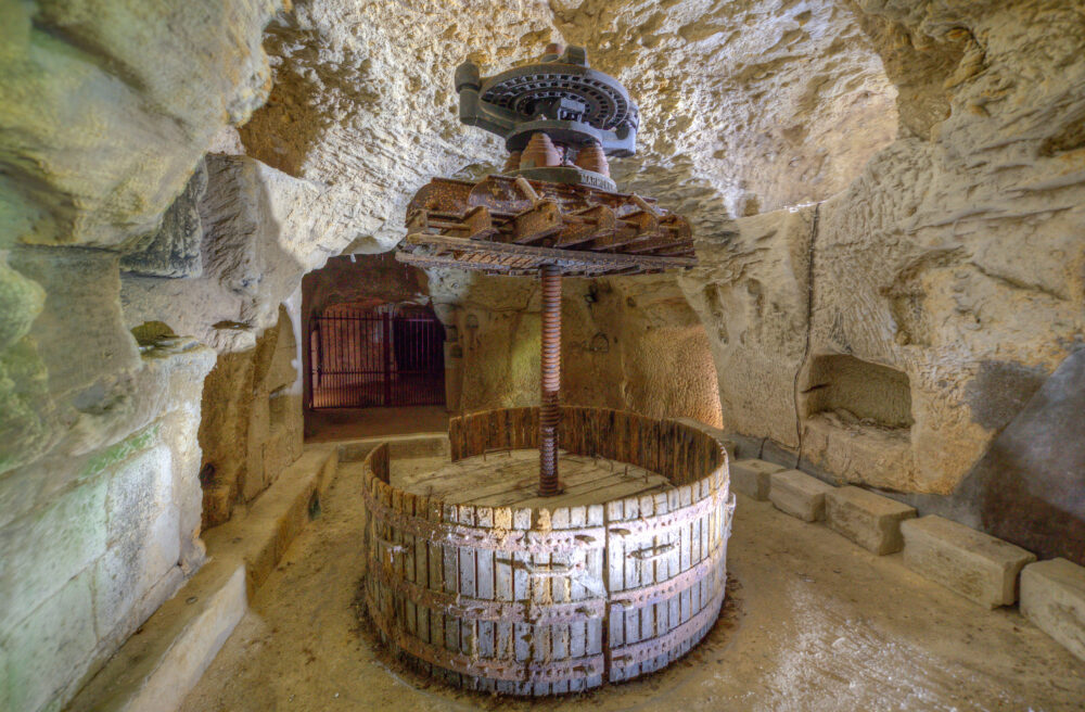 Frankreich, Loire, Saint Cyr en Bourg, Cave Troglo von Arnaud Lambert mit alter Korbpresse